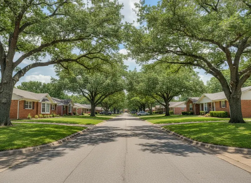 Residential street with brick ranch homes and oak trees