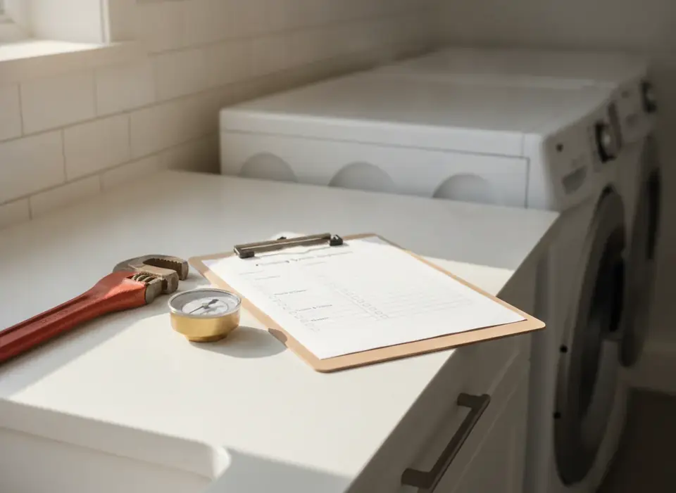 Clipboard, pipe wrench and pressure gauge on a counter