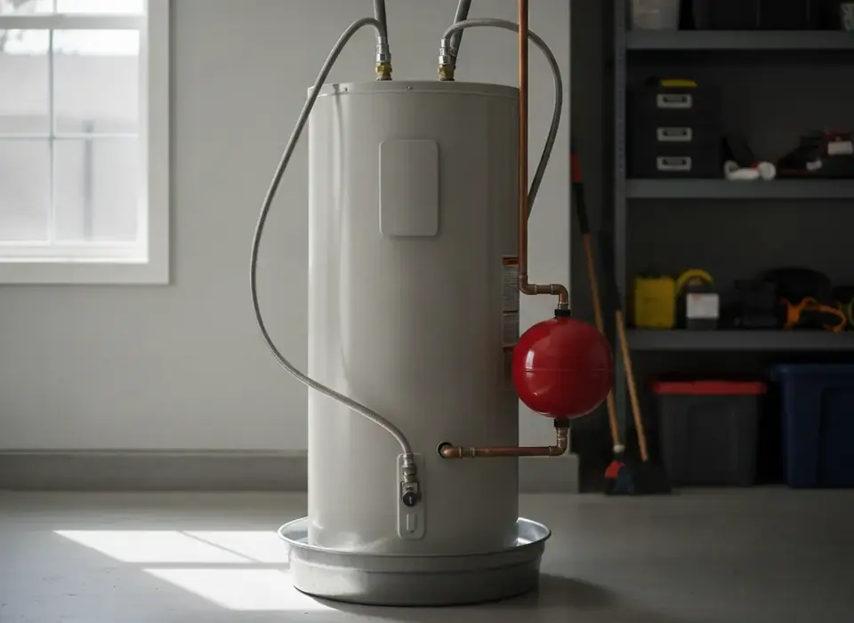 New tank water heater with expansion tank in a garage